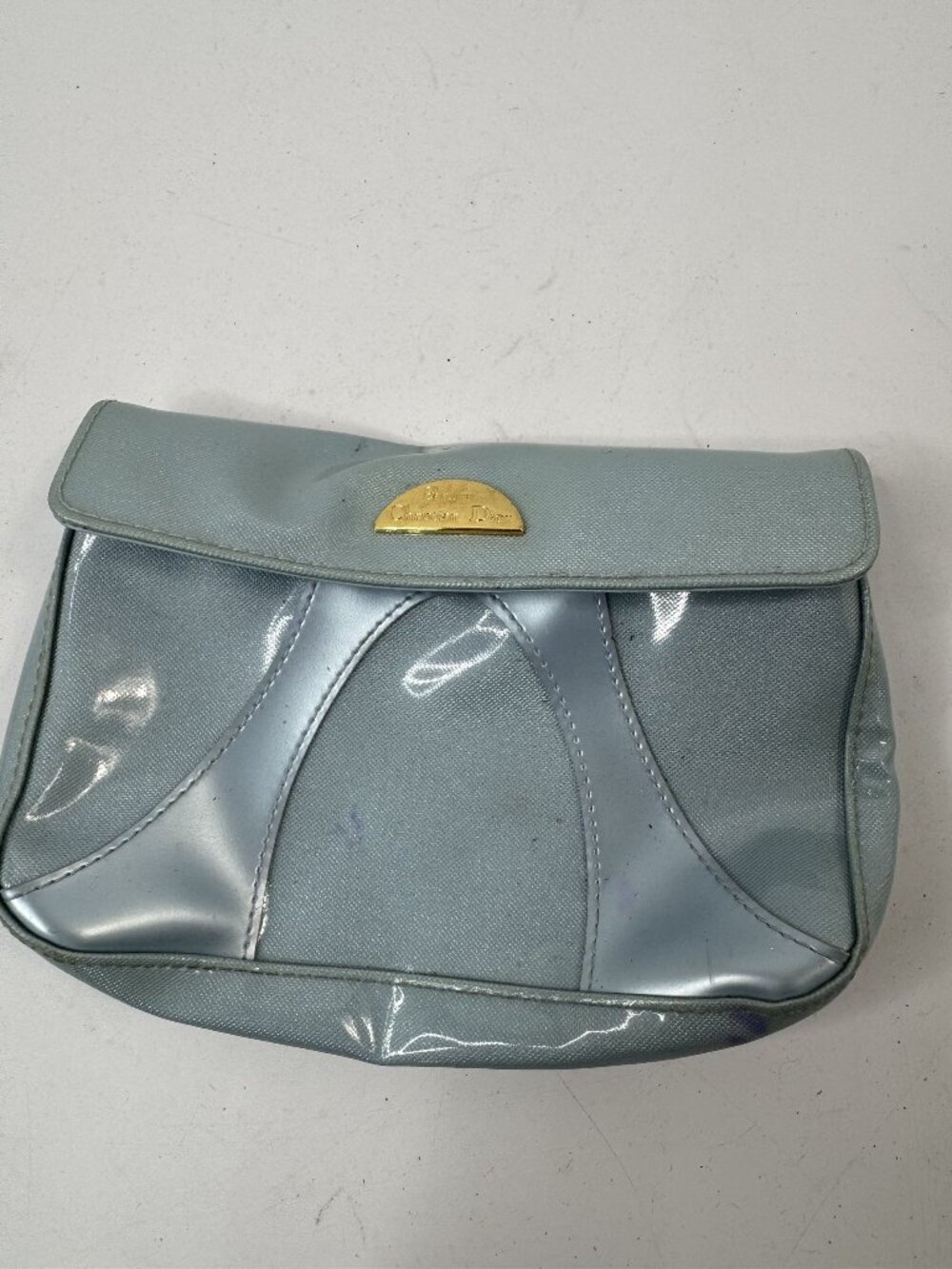 Christian Dior Parfums Light Blue Cosmetic Bag With Gold Logo Accent & Snap Clos